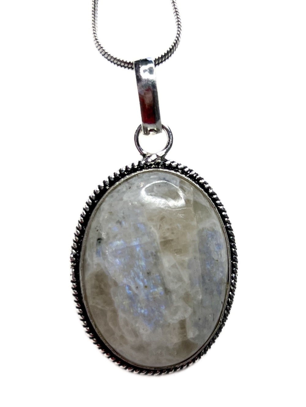 Rainbow Moonstone Oval Cabochon Pendant Necklace Silver Tone 24” Boho Celestial